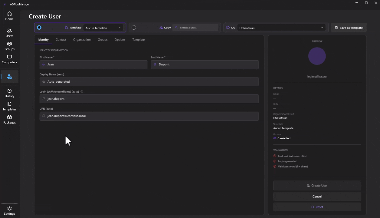 Create user from template