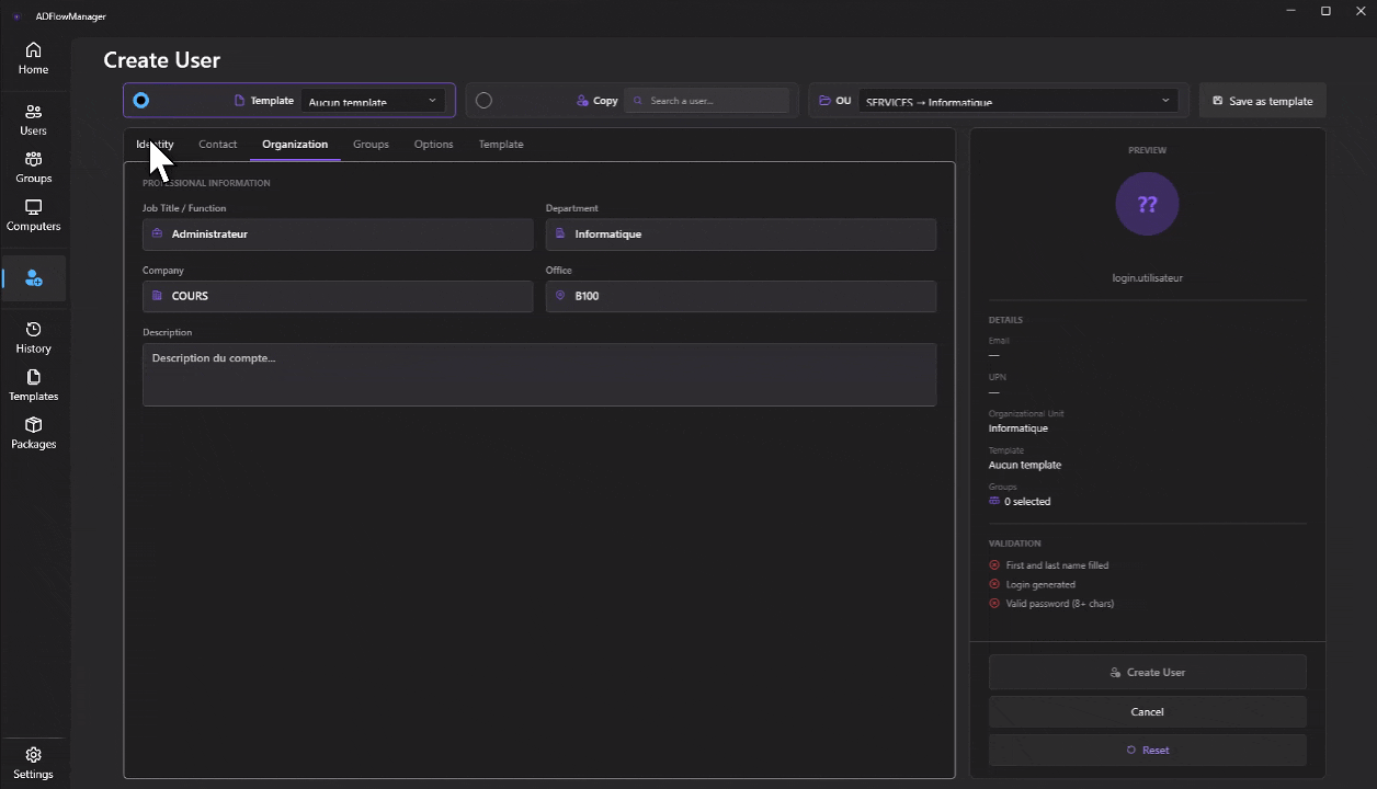 Create a template for domain administrators