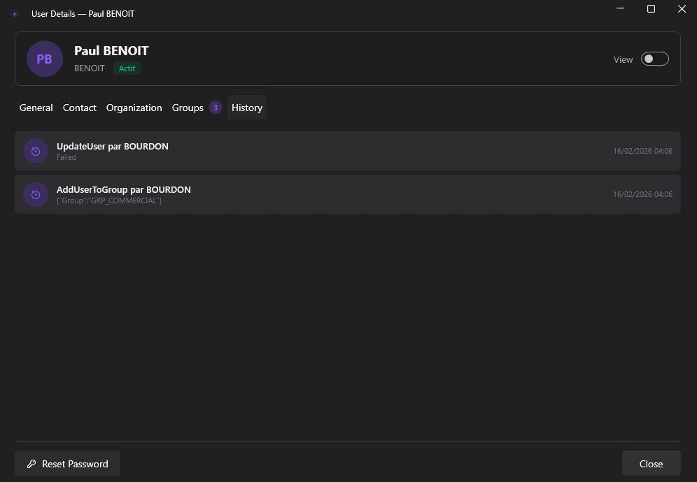 User Details — History